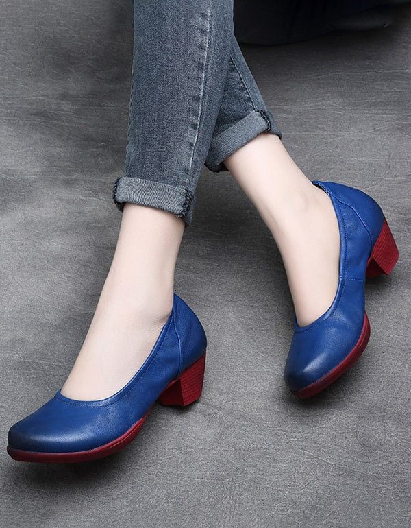 Lente Retro Leren Kleur Bijpassende Chunky Schoenen