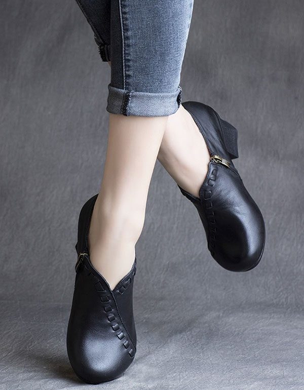 Lente Retro Leren Schoenen Met Chunky Hak
