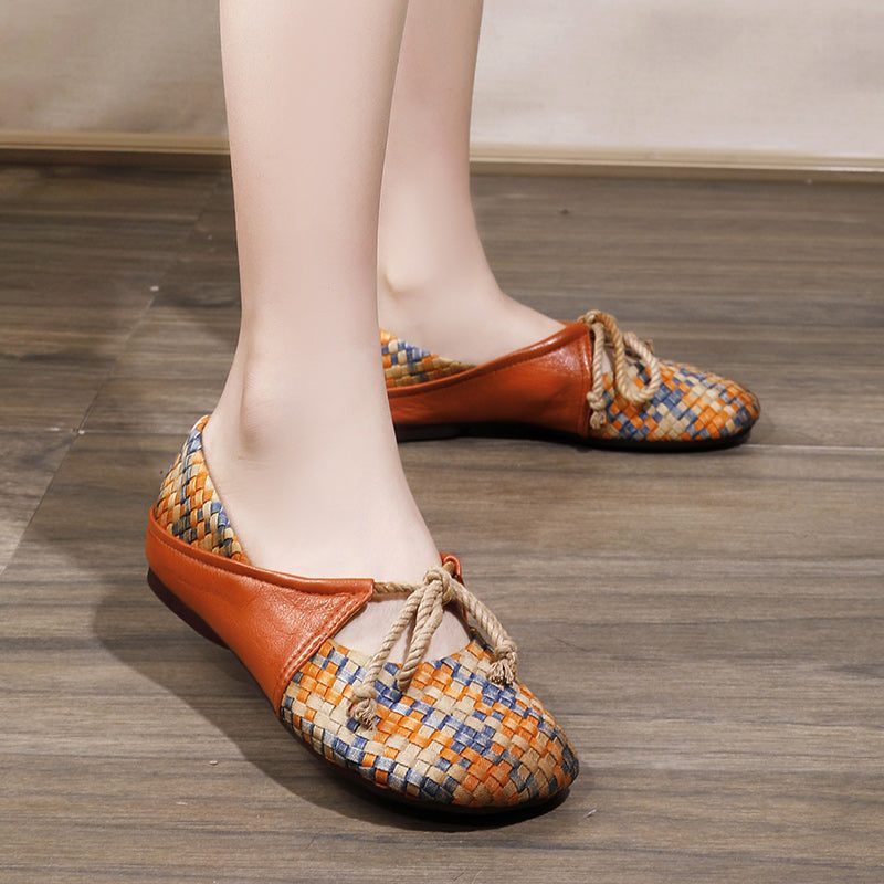 Lente Vintage Leer Geweven Vrouwen Platte Schoenen