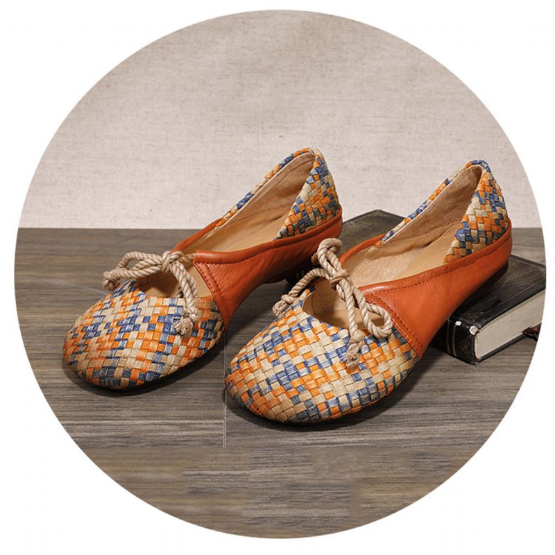 Lente Vintage Leer Geweven Vrouwen Platte Schoenen