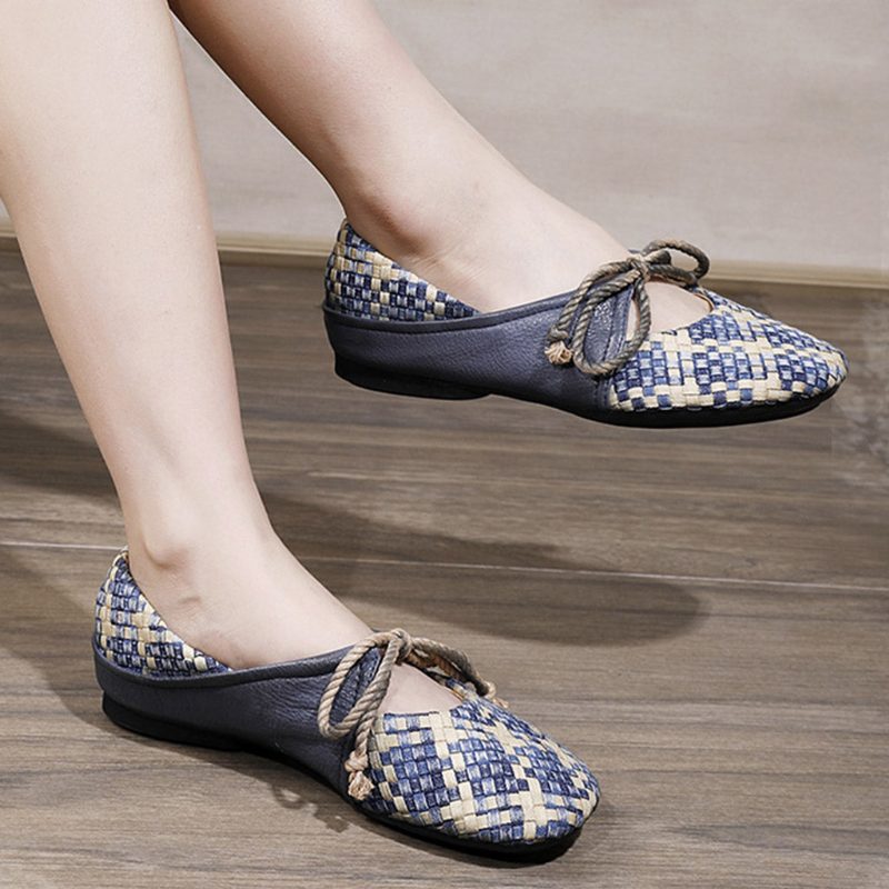 Lente Vintage Leer Geweven Vrouwen Platte Schoenen