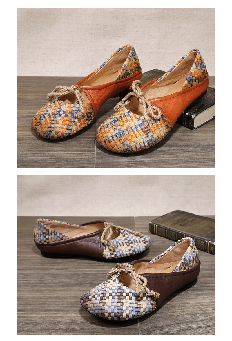 Lente Vintage Leer Geweven Vrouwen Platte Schoenen
