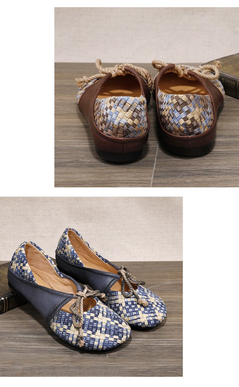 Lente Vintage Leer Geweven Vrouwen Platte Schoenen
