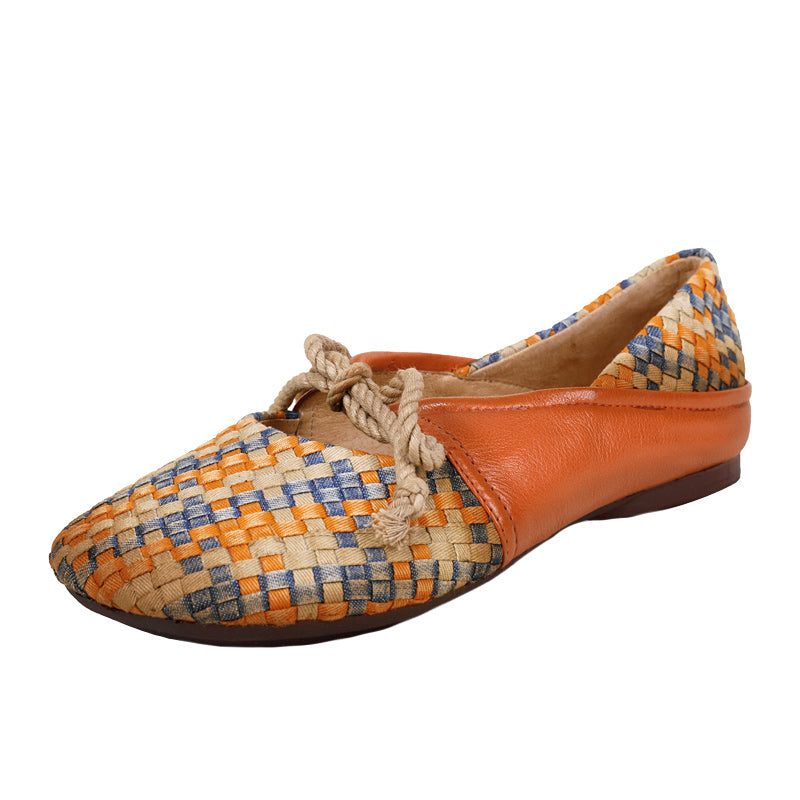 Lente Vintage Leer Geweven Vrouwen Platte Schoenen
